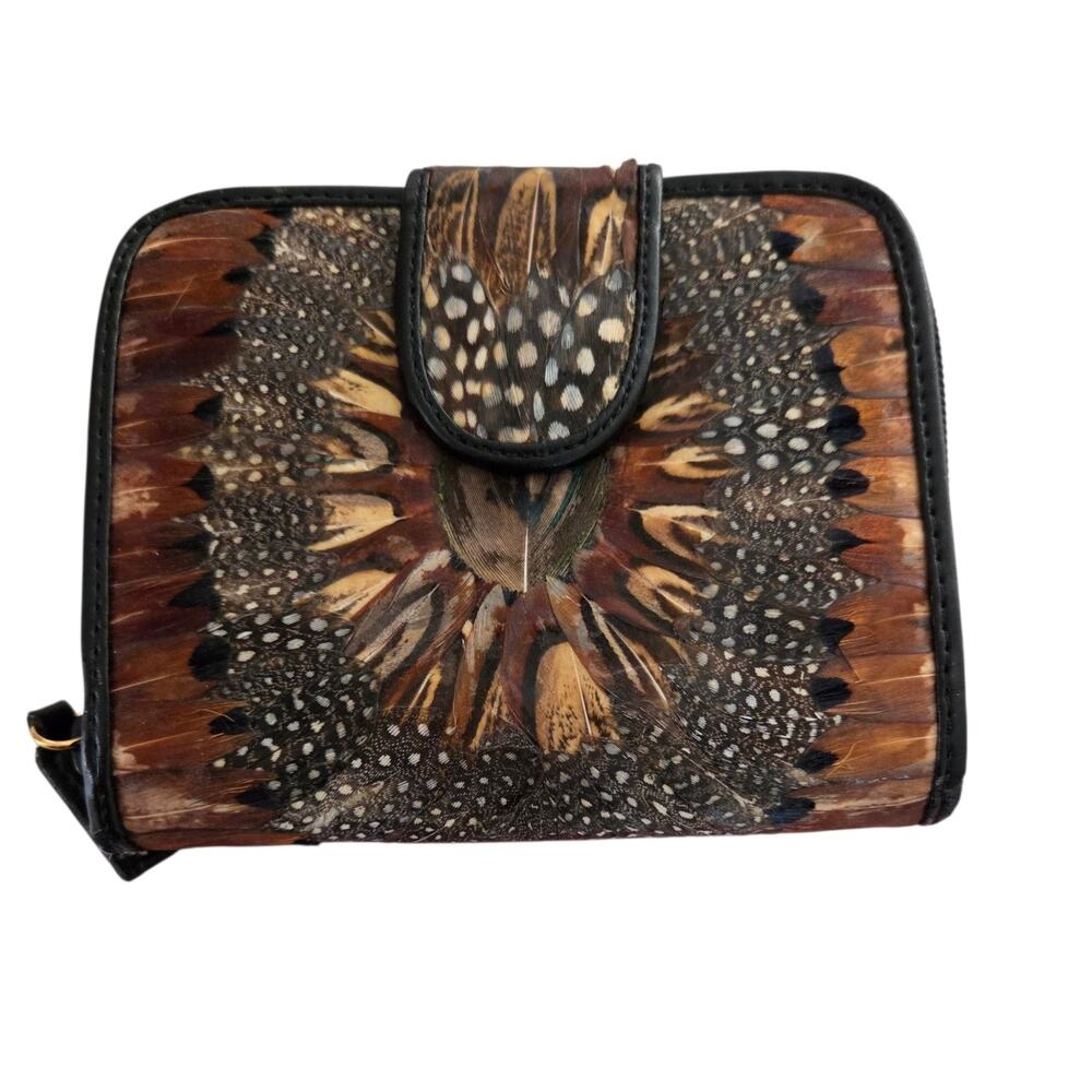 Vintage Comeco Peacock Feather Small Zipper Wallet Faux Leather Boho Witchy